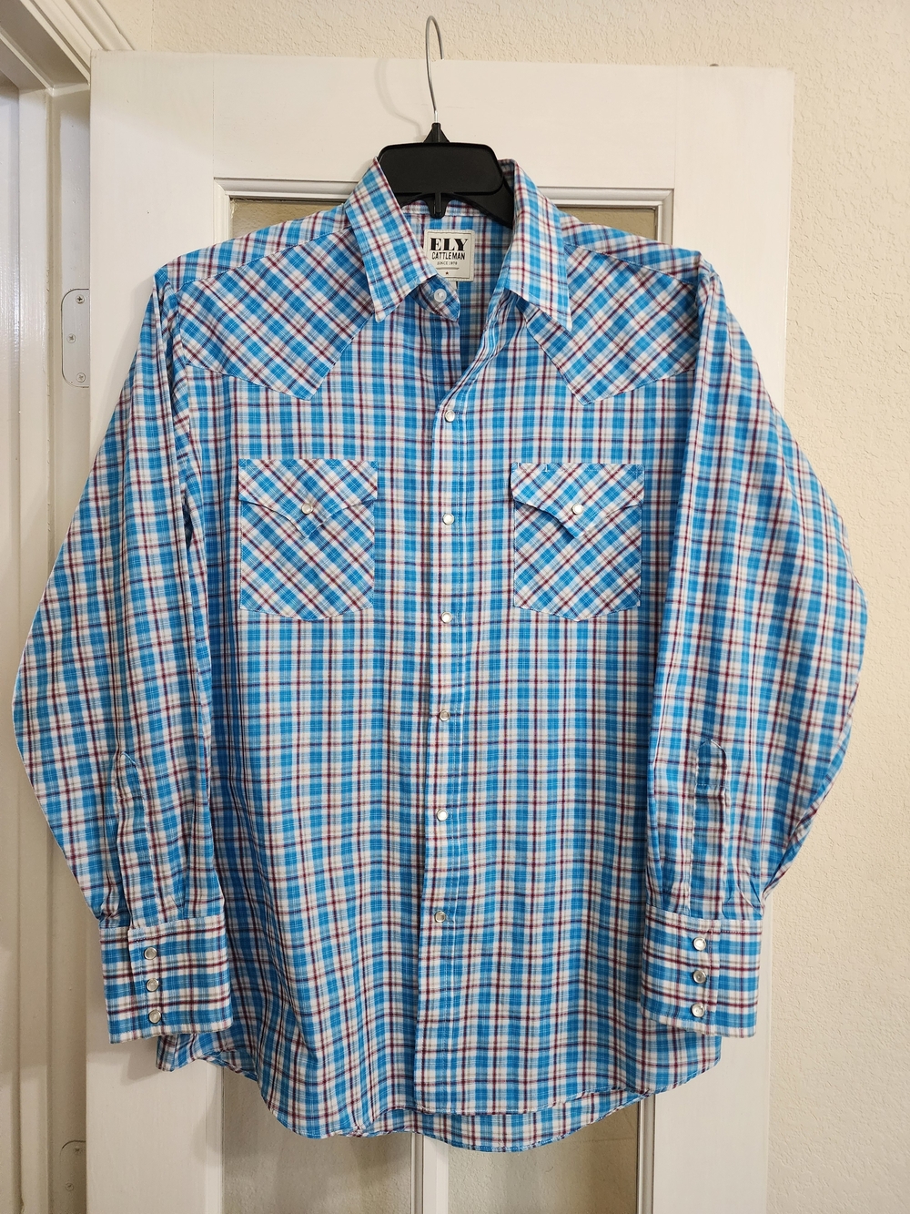 ELY Cattleman Western Pearl Snap Shirt Mens Large Blue Plaid Cowboy Rodeo